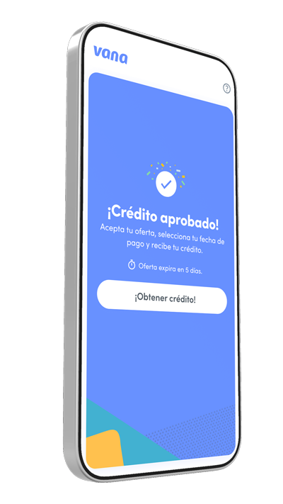 Teléfono celular muestra crédito aprobado con la app Vana.