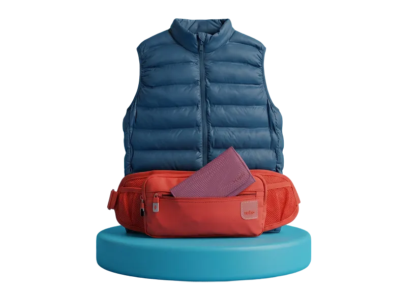 Chaleco acolchado azul exhibido detrás de una riñonera naranja con una billetera morada parcialmente dentro del bolsillo frontal, sobre una plataforma redonda azul.