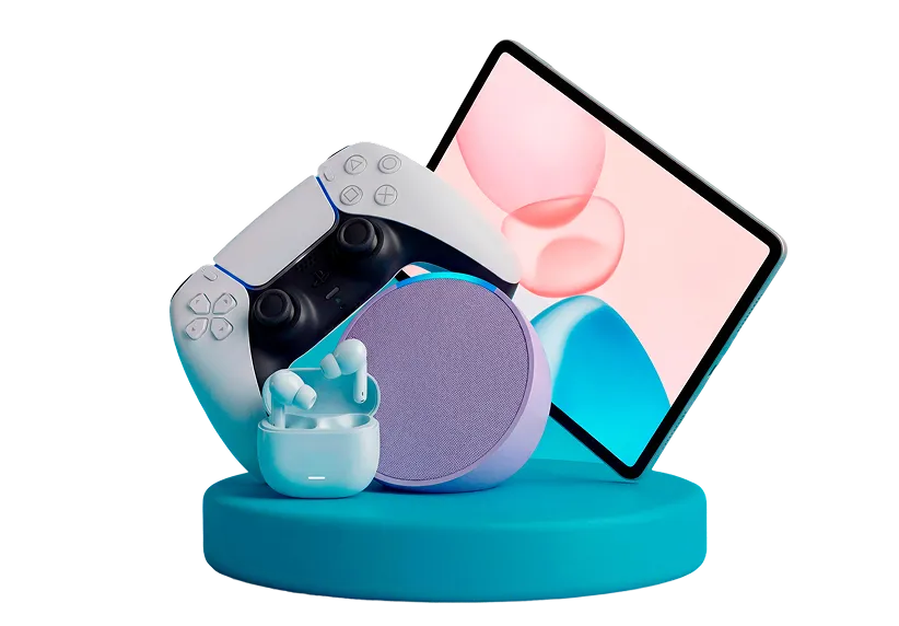 Audífonos inalámbricos blancos en un estuche de carga abierto, un parlante Bluetooth redondo morado, un control de videojuegos blanco y negro, y una tablet con una pantalla abstracta rosa y azul sobre un pedestal azul.