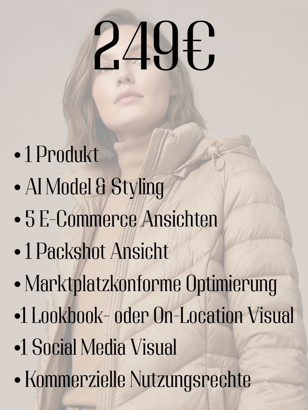 Fashion model wearing beige padded jacket with text listing e-commerce package features and a price of 249 euros.
