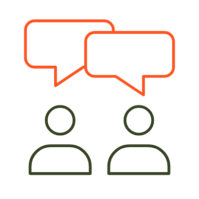 Symbol zweier Personen mit Sprechblasen, die ein Gespräch darstellen.