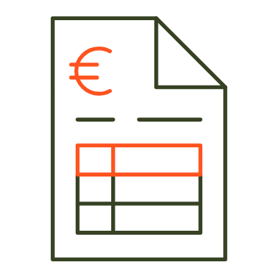Symbol eines Euros auf einem Dokument mit Tabellen und markiertem Feld, das eine Rechnung oder Zahlungsübersicht darstellt.