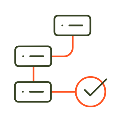 Vereinfachtes Flussdiagramm mit verbundenen Kästchen und einem orangefarbenen Kreis mit Häkchen am Ende.