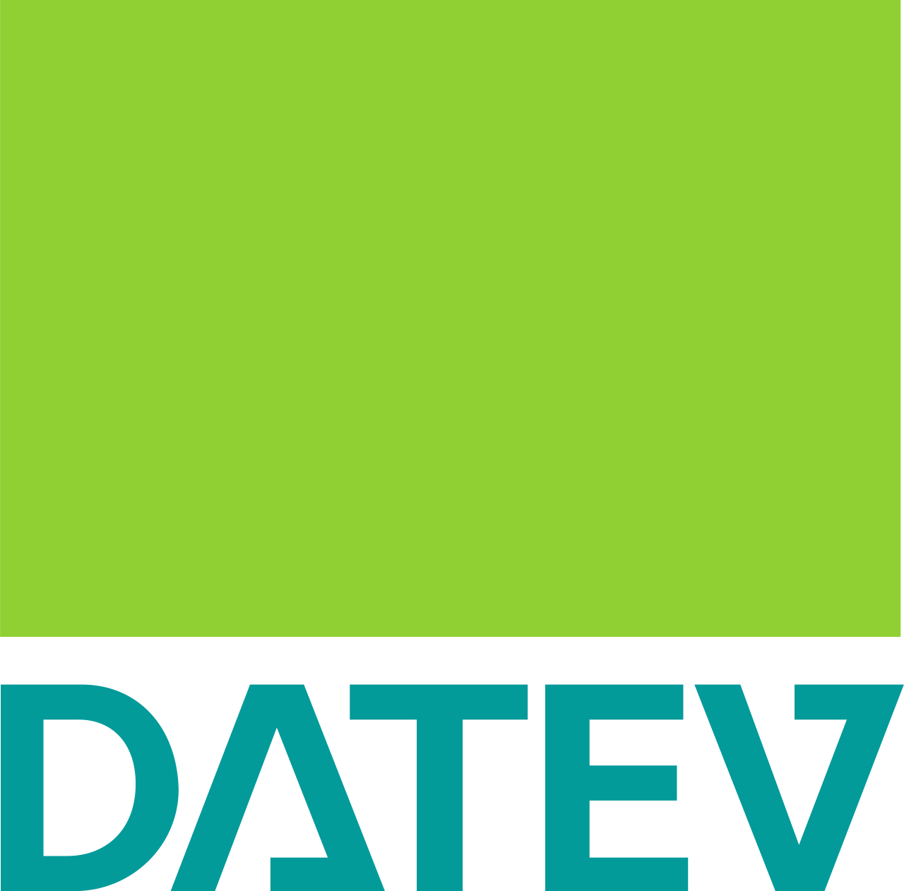 Datev Logo mit grünem Rechteck über türkisener Schrift.