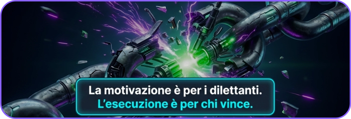 Metal chain breaking with green and purple electric sparks around the broken links, with Italian text stating 'La motivazione è per i dilettanti. L'esecuzione è per chi vince.'
