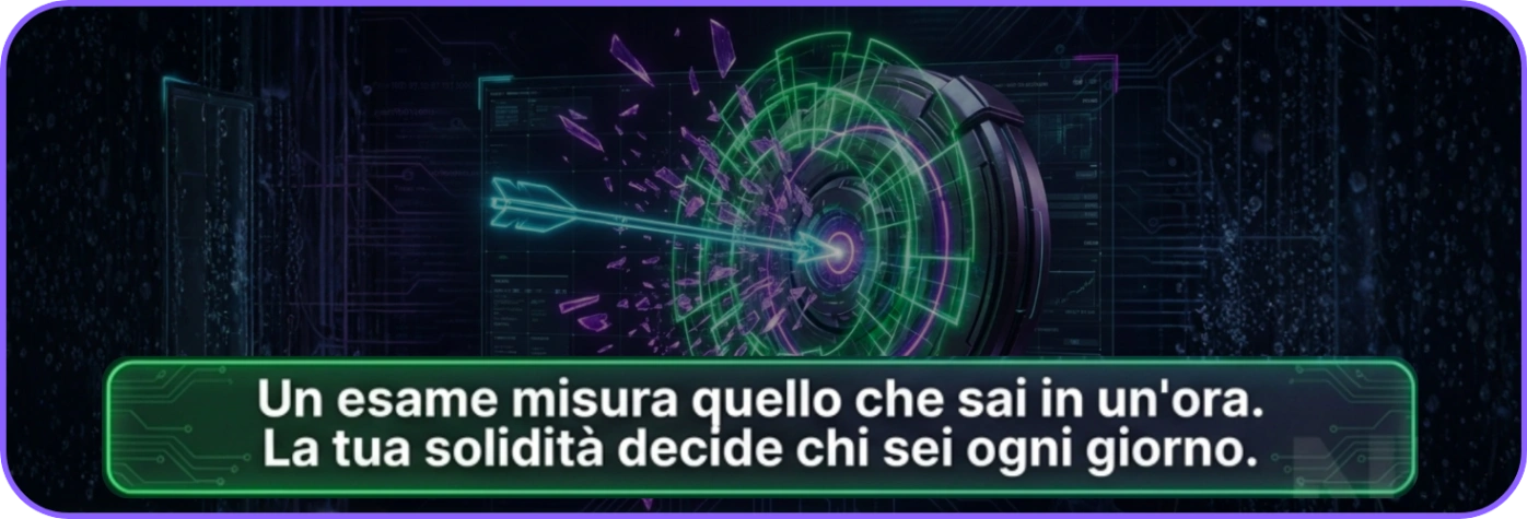 Digital arrow hitting a futuristic green and purple target with shattered pieces around, accompanied by Italian text about exams and personal strength.