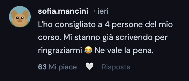 Comment by sofia.mancini recommending a course to four people, receiving gratitude messages, saying it is worthwhile.