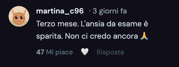 Social media comment in Italian from martina_c96 saying the third month has passed, exam anxiety is gone, and expressing disbelief with a prayer emoji.