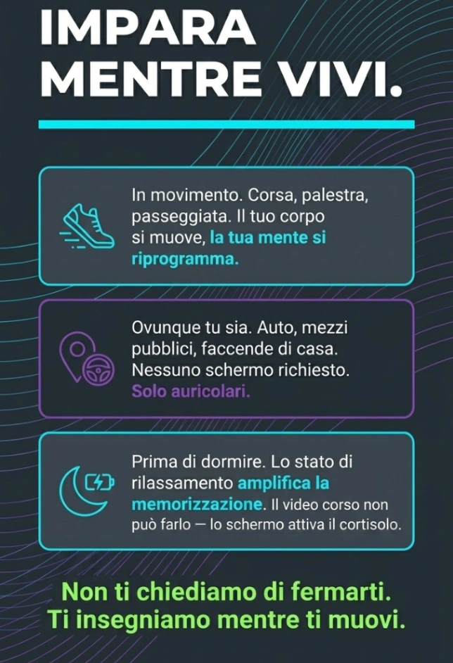 Italian text infographic titled 'IMPARA MENTRE VIVI' explaining three learning scenarios: moving (running, gym, walking) reprograms the mind, learning anywhere with only headphones required, and before sleep relaxation state amplifies memorization, concluding with 'Non ti chiediamo di fermarti. Ti insegniamo mentre ti muovi.'