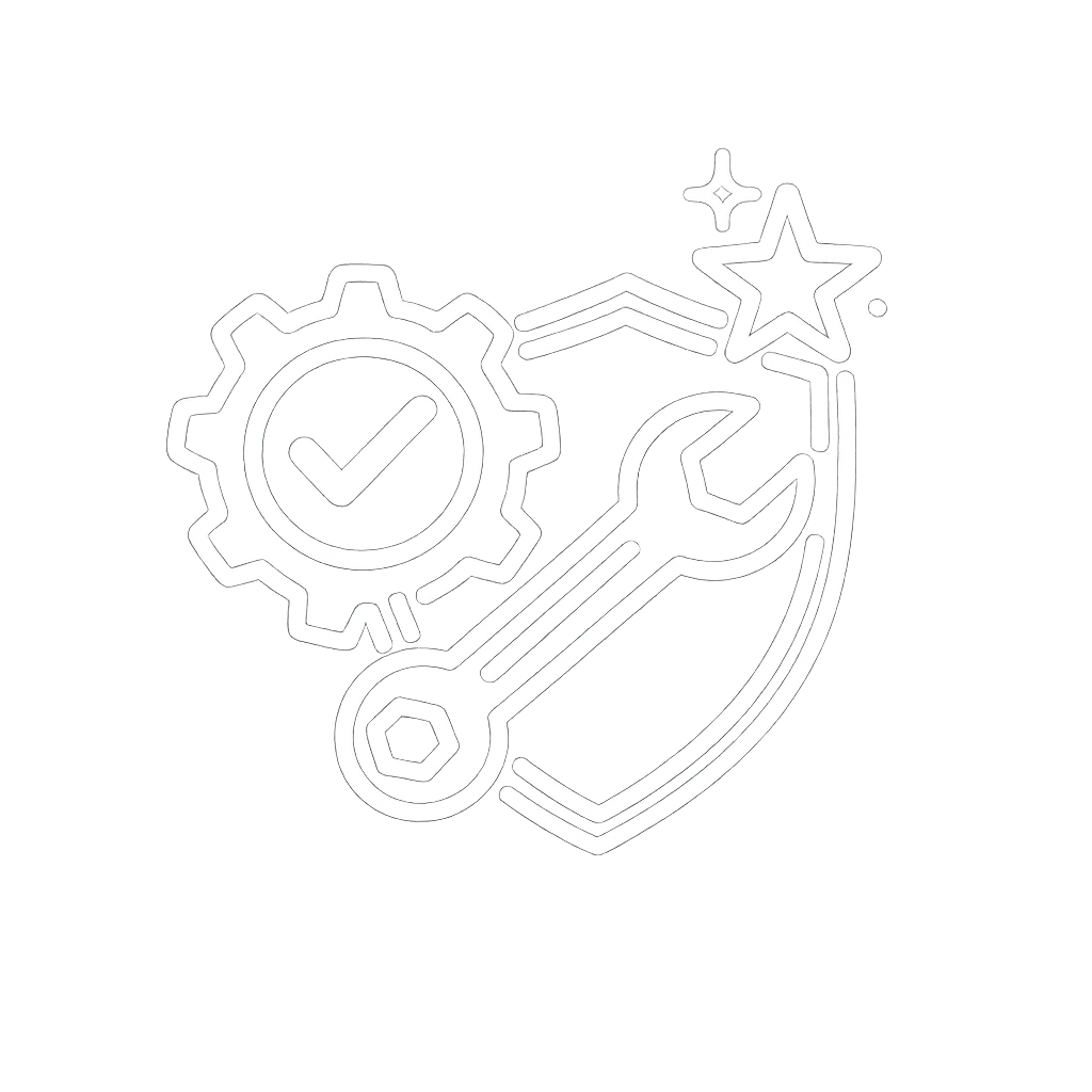 A white outline of a spanner infront of a crest with a cog and a tick inside.