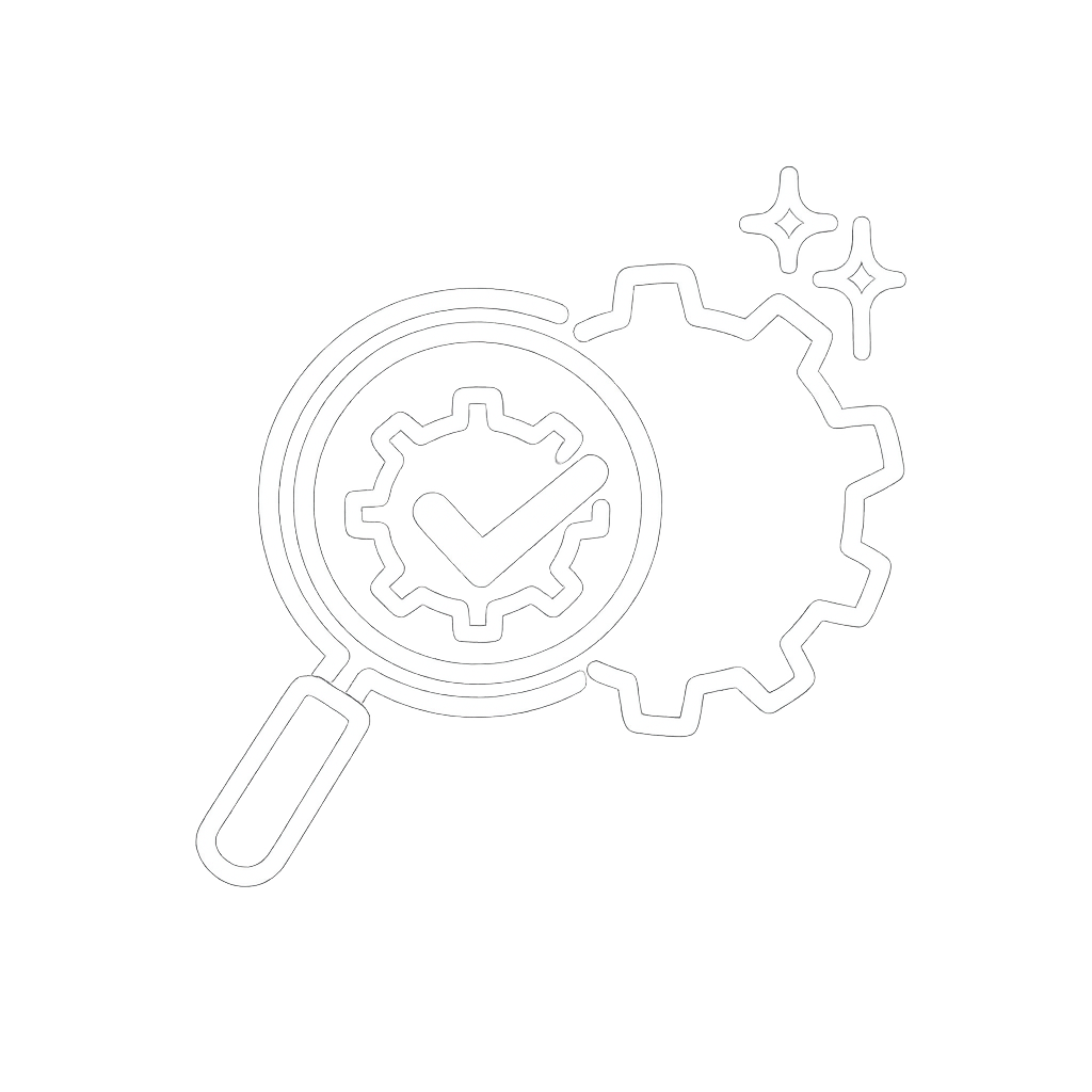 White outline icon of a magnifying glass focusing on cogs