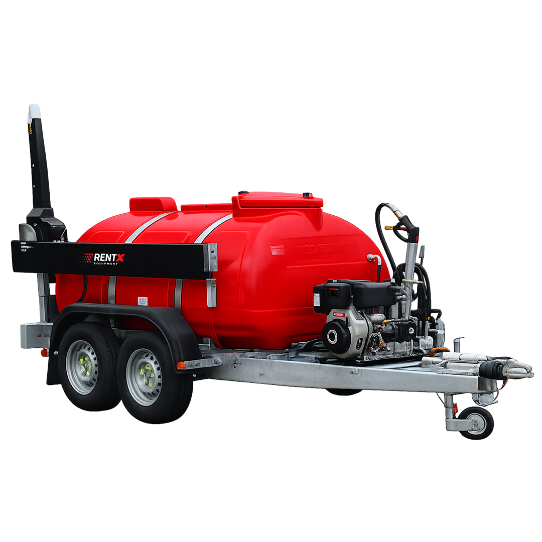 A Blue water bowser on a trailer with jetmisting