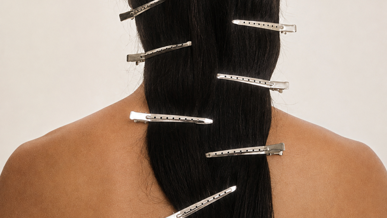 Back view of long, dark hair sectioned with silver salon clips