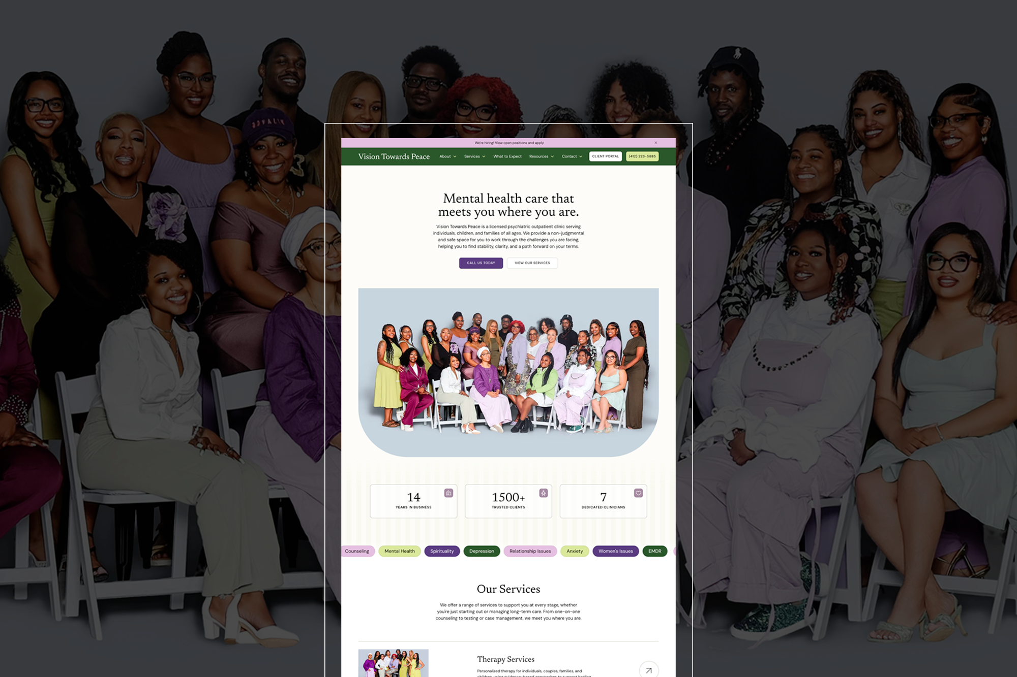 Vision Towards Peace wellness website homepage design featuring a group photo of the clinical team and the headline "Mental health care that meets you where you are."