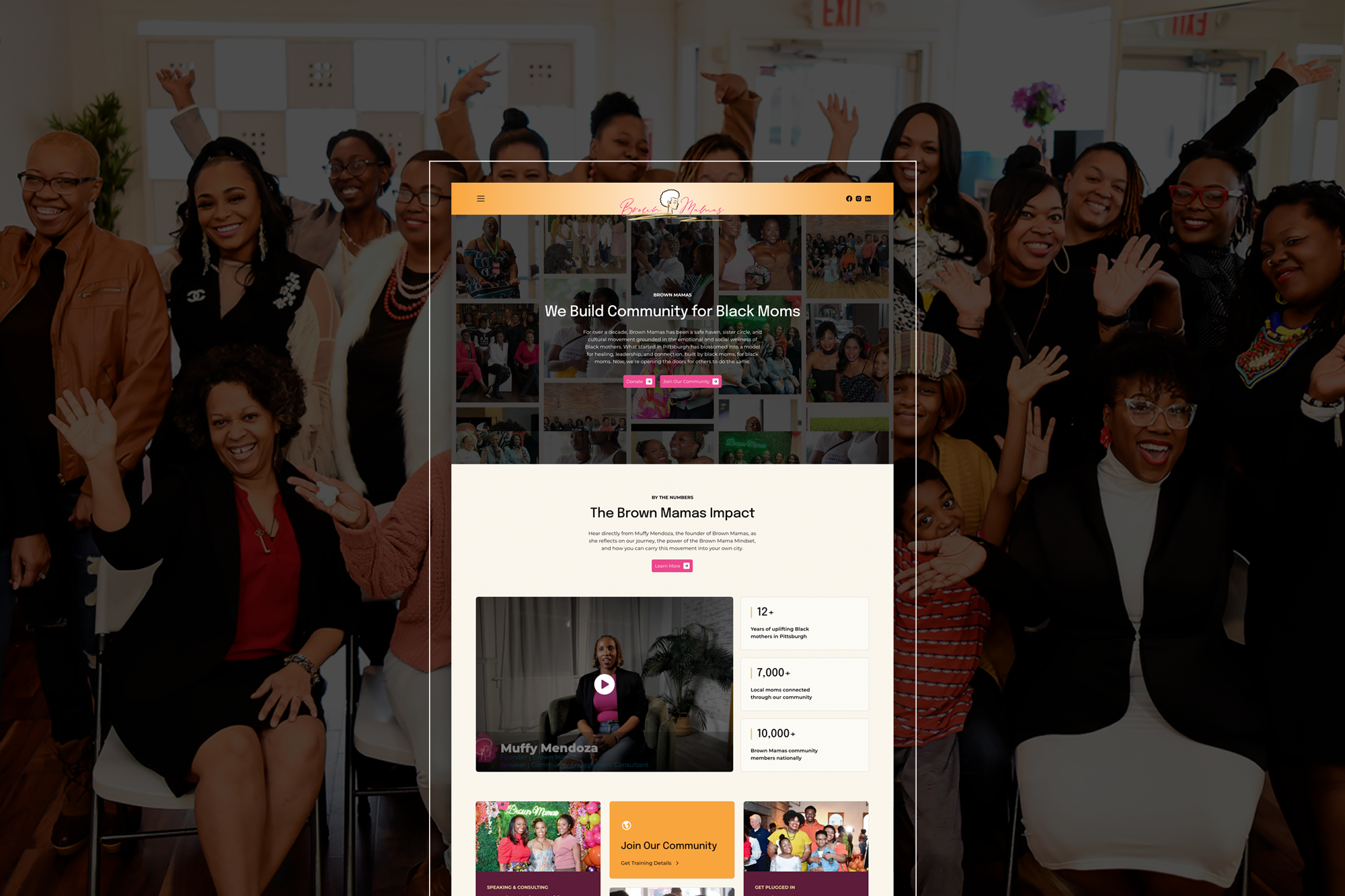 Brown Mamas wellness website homepage design featuring a photo collage of community members and the headline "We Build Community for Black Moms."