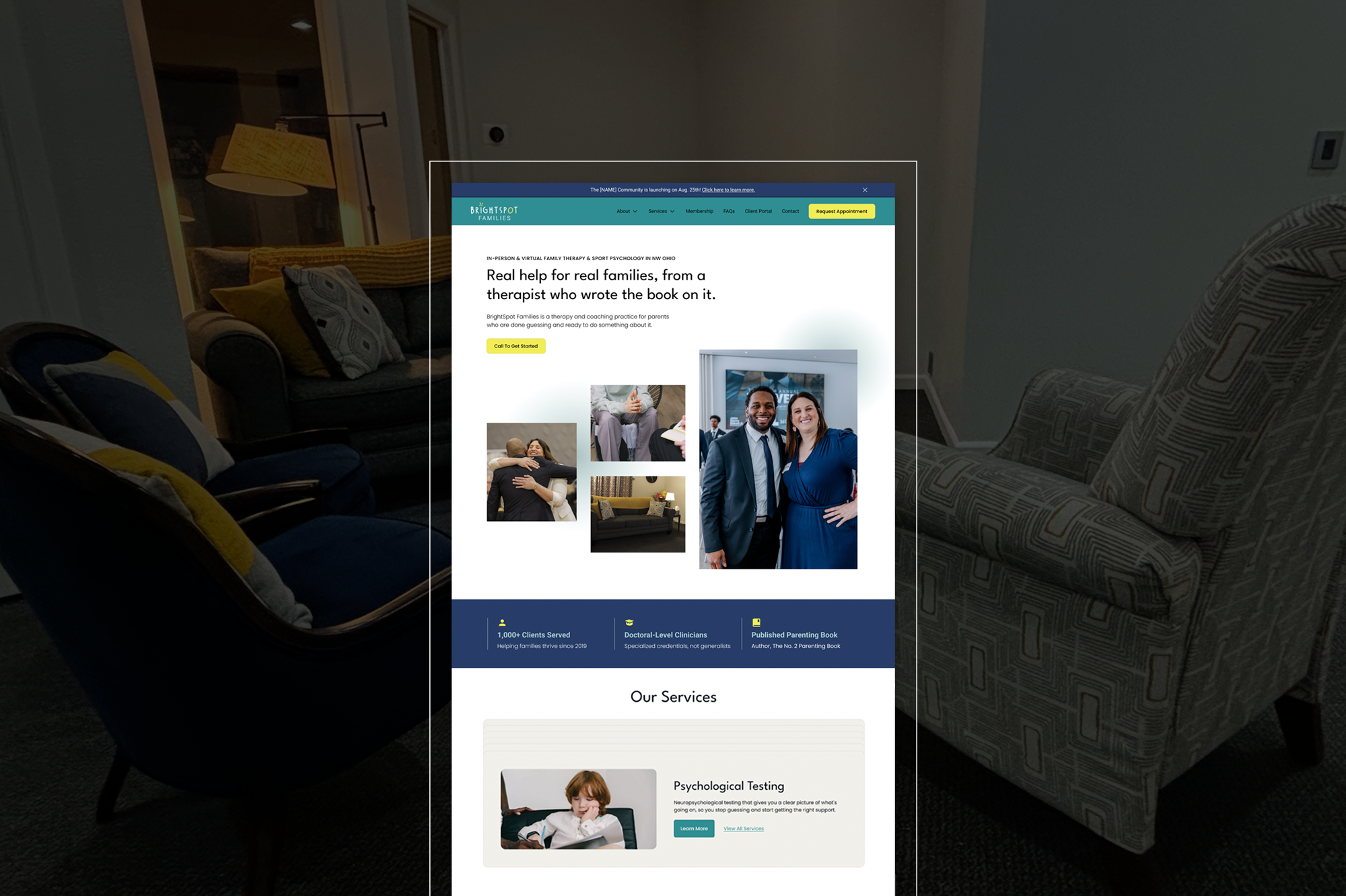BrightSpot Families wellness website homepage design with a collage of practice photos and the headline "Real help for real families, from a therapist who wrote the book on it."