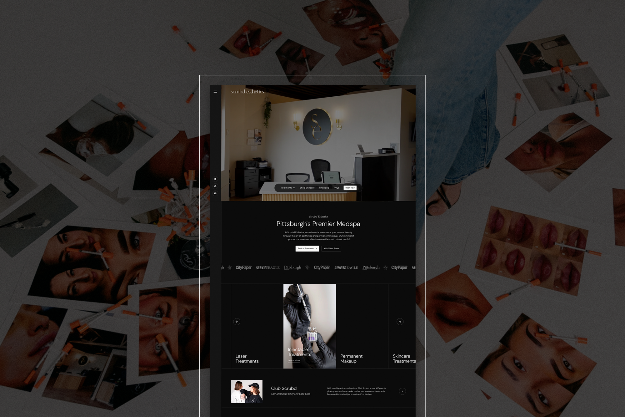 Scrubd Esthetics beauty website homepage design in a dark color palette, showing the med spa's front desk and the headline "Pittsburgh's Premier Medspa."