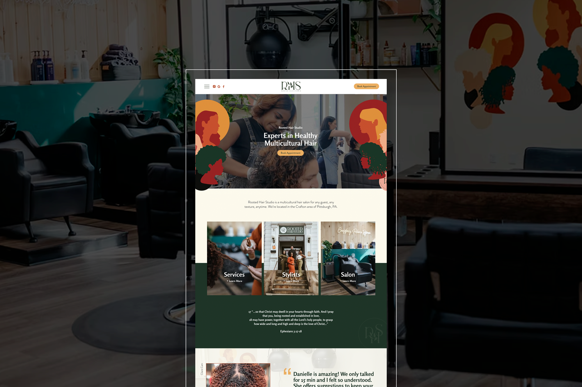 Rooted Hair Studio beauty website homepage design with illustrated portraits, a stylist working with a client, and the headline "Experts in Healthy Multicultural Hair."