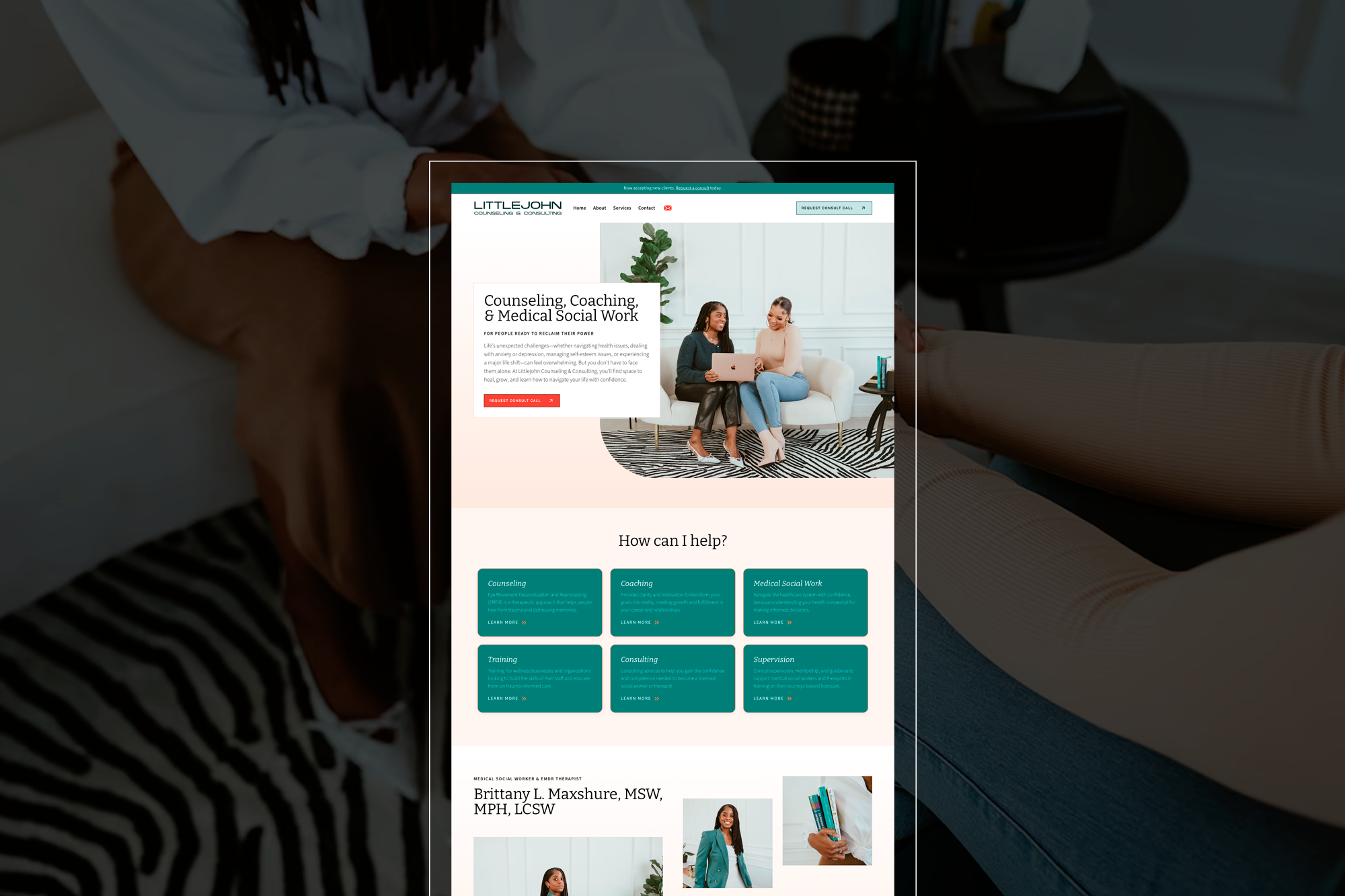 Littlejohn Counseling & Consulting wellness website homepage design featuring two women talking on a couch and the headline "Counseling, Coaching, & Medical Social Work."