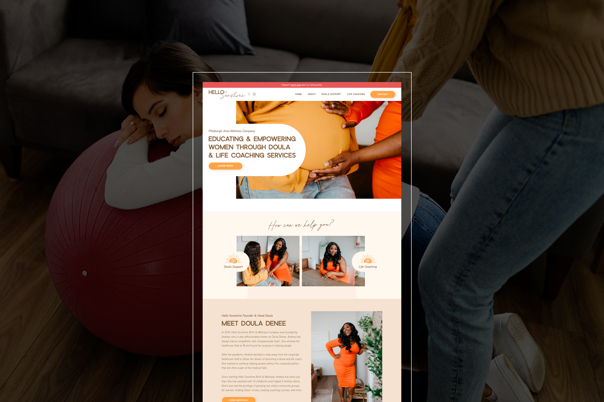 Hello Sunshine Birth & Wellness website homepage design in orange and yellow, featuring hands cradling a pregnant belly and the headline "Educating & empowering women through doula & life coaching services."