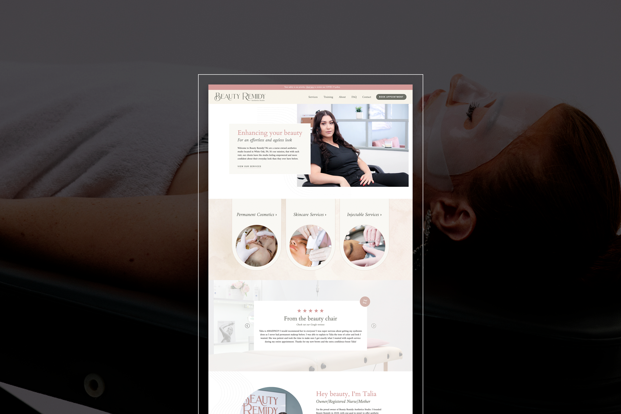 Beauty Remidy beauty website homepage design in soft pink tones, featuring a woman in black scrubs seated in the studio and the headline "Enhancing your beauty."