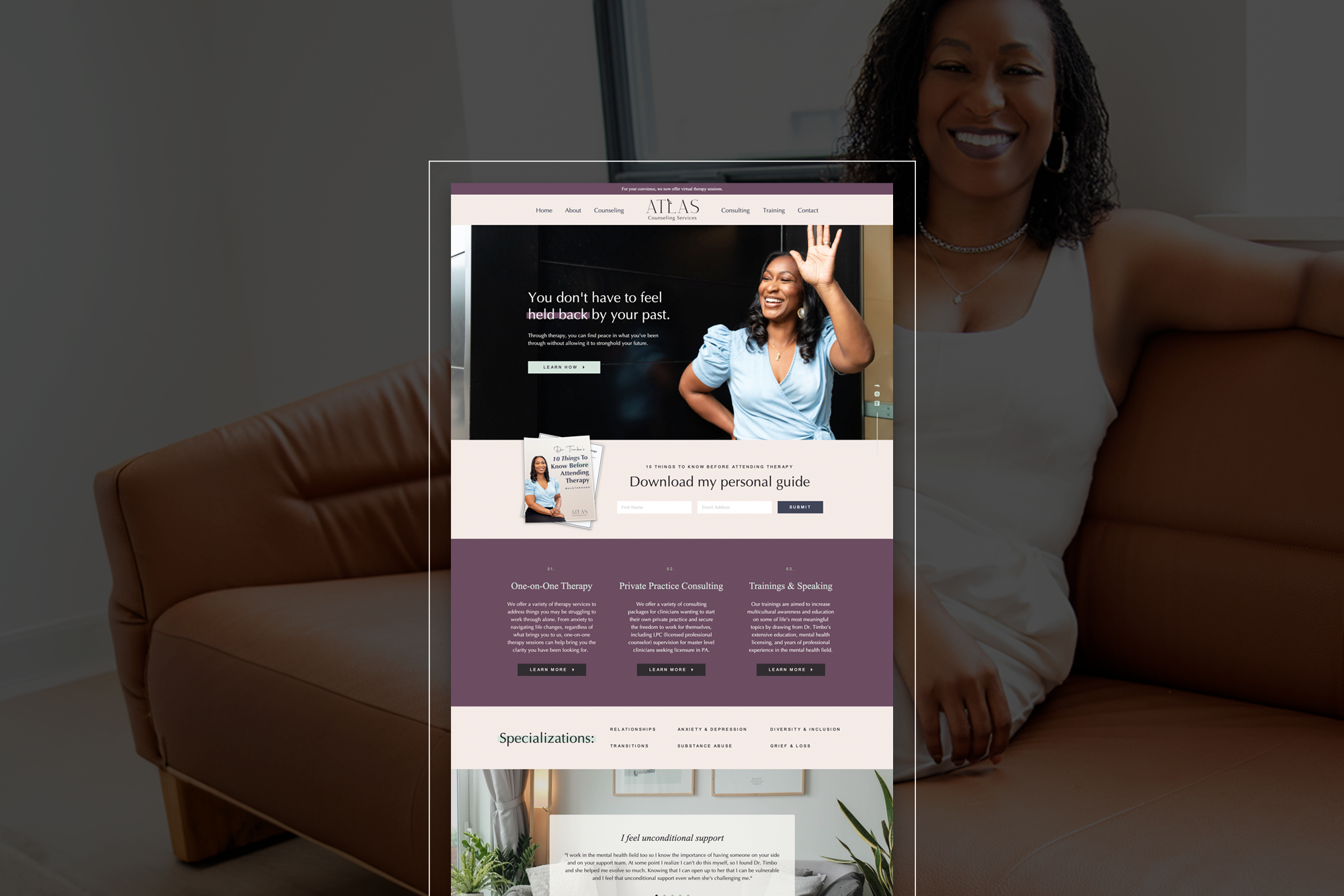 Atlas Counseling Services wellness website homepage design featuring a smiling woman waving and the headline "You don't have to feel held back by your past."