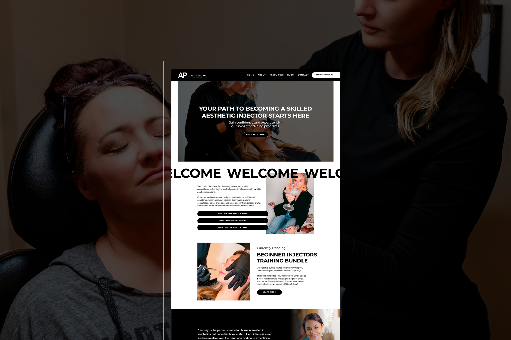 Aesthetic Pro Academy beauty website homepage design in black and white, showing an injector at work and the headline "Your path to becoming a skilled aesthetic injector starts here."