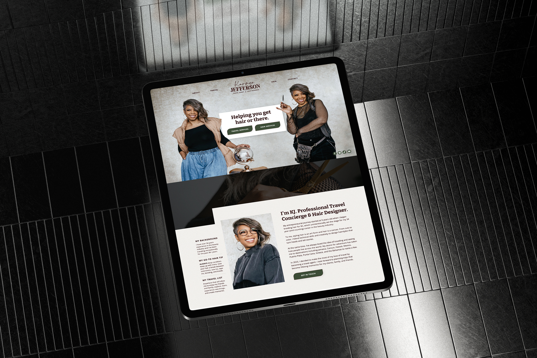 Tablet displaying a custom beauty business website designed for a hair designer