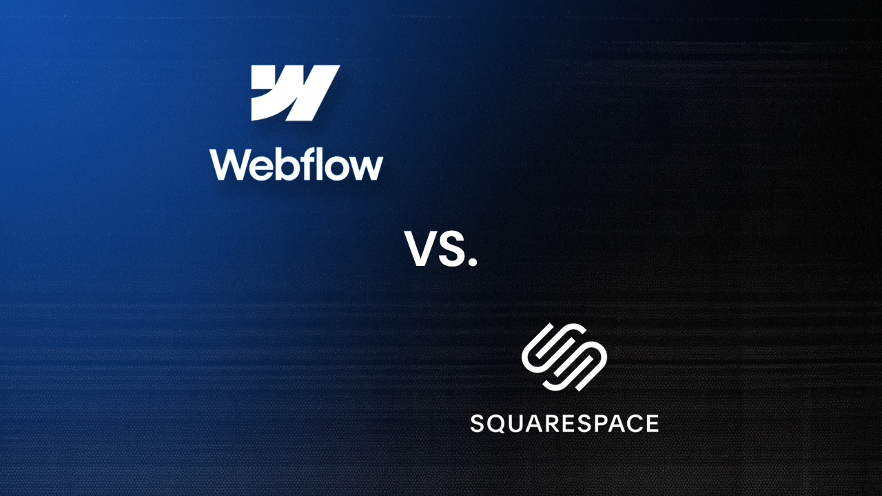Webflow vs. Squarespace logos on a dark blue background for a website platform comparison