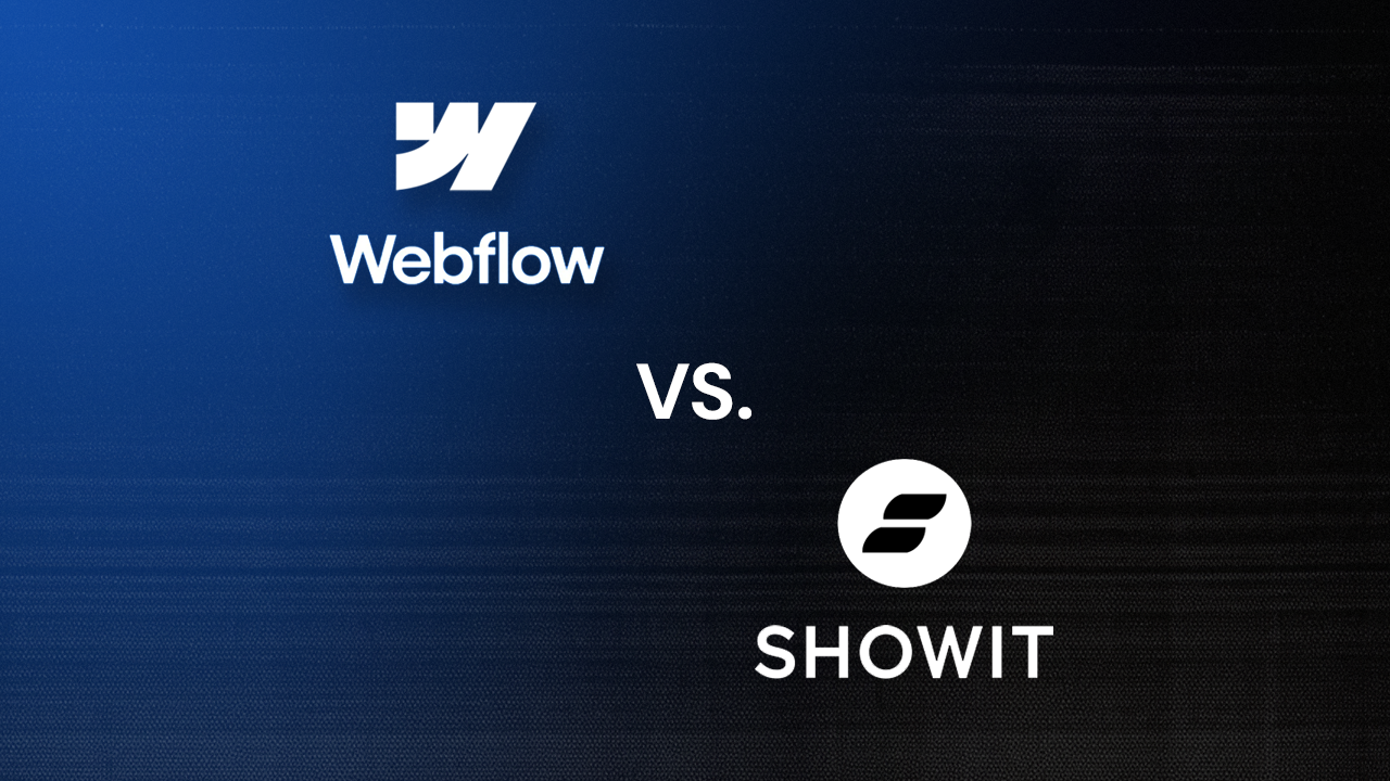 Webflow vs. Showit logos on a dark blue background for a website platform comparison