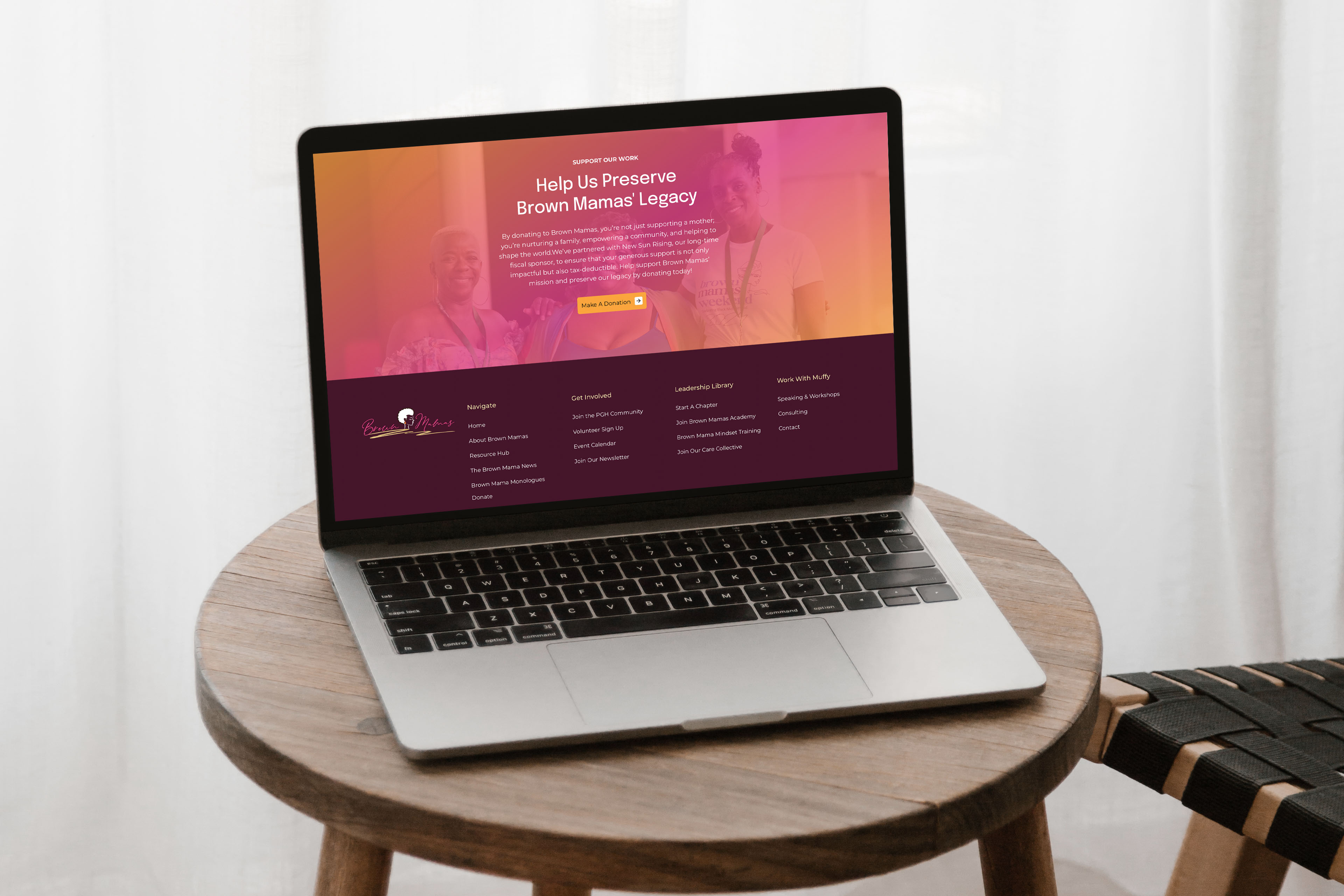 Brown Mamas donation section and footer design shown on a laptop on a round wooden stool, with the headline "Help Us Preserve Brown Mamas' Legacy."