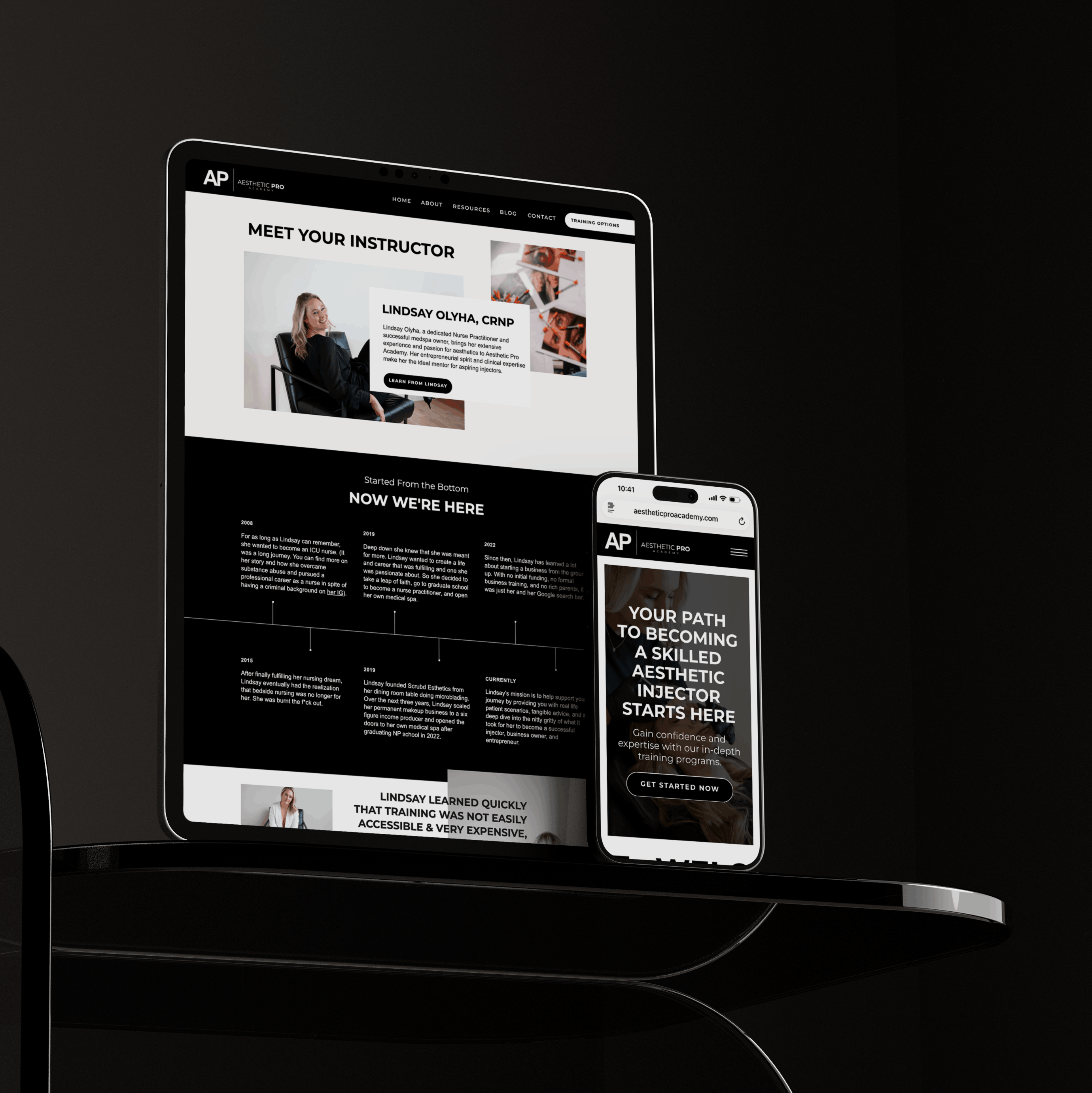 Aesthetic Pro Academy Meet Your Instructor page design shown on a laptop and phone against a black background