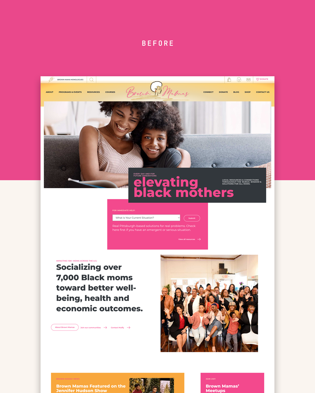 Brown Mamas website before the redesign, with a photo of a mother and daughter hugging and the headline "elevating black mothers."