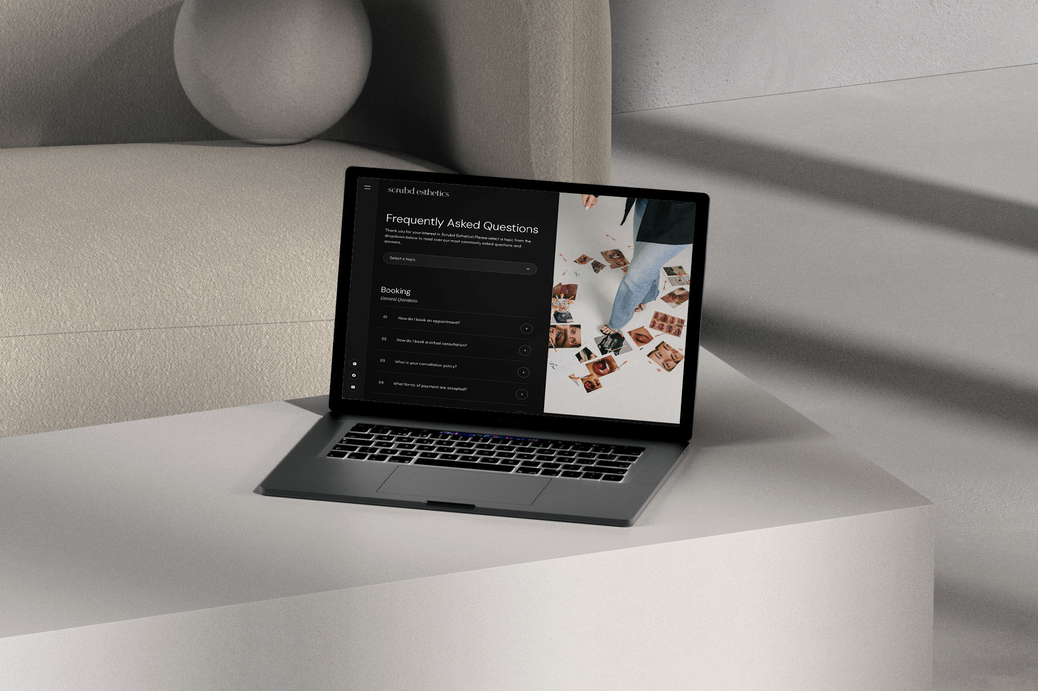 Scrubd Esthetics Frequently Asked Questions page design shown on a laptop on a cream pedestal