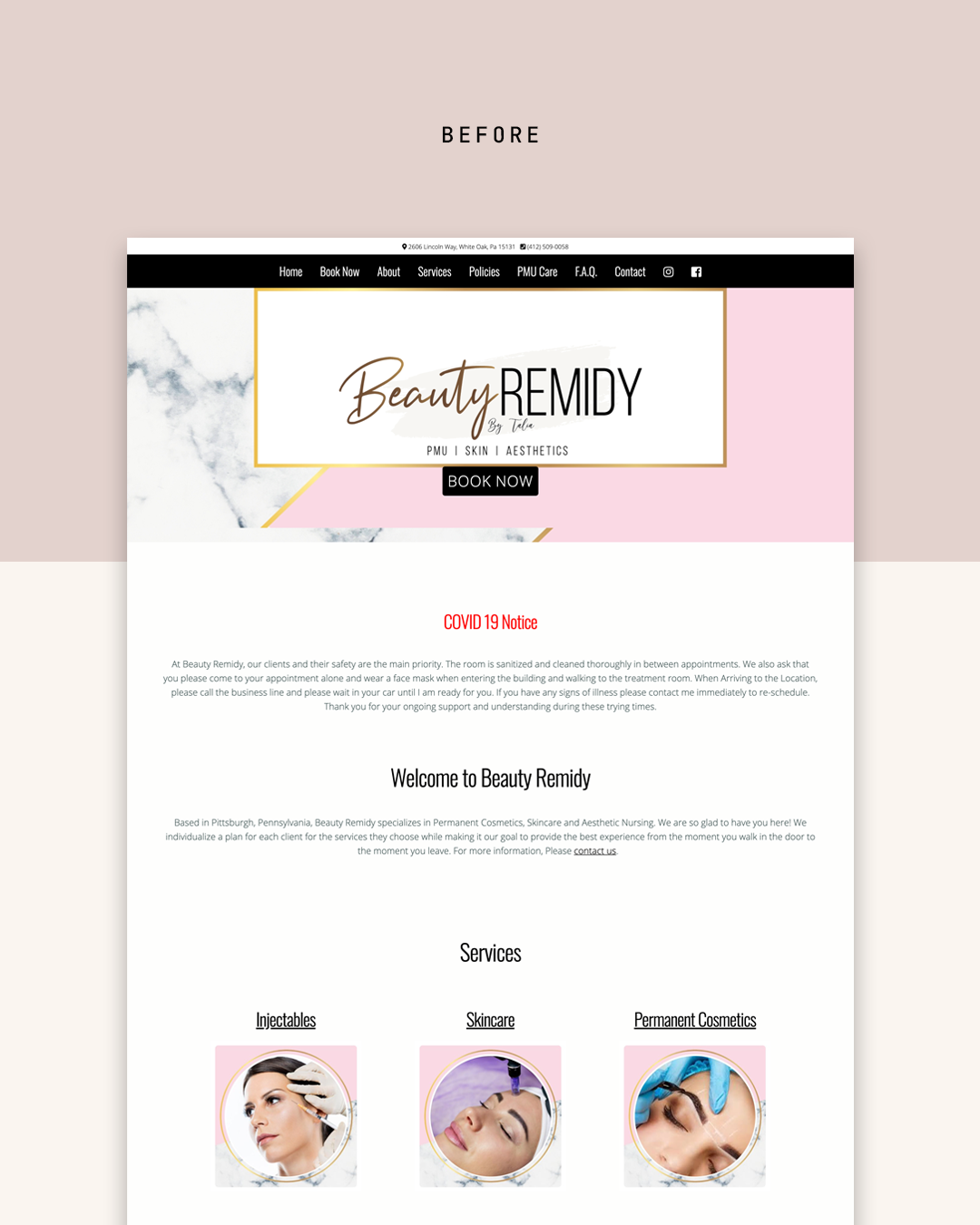 Beauty Remidy website before the redesign, with a pink and marble header and a script logo