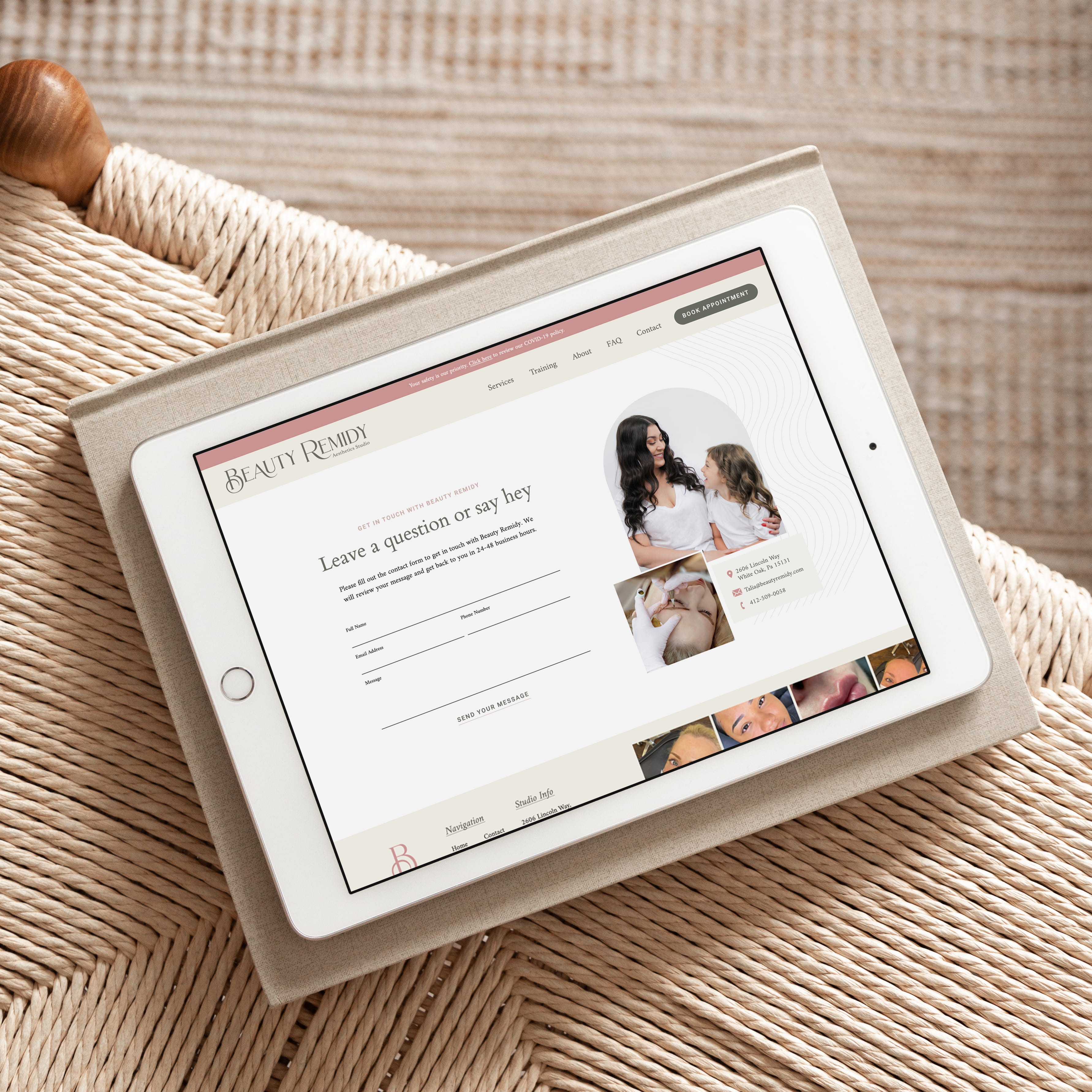 Beauty Remidy contact page design shown on a tablet on a woven chair, with the headline "Leave a question or say hey."