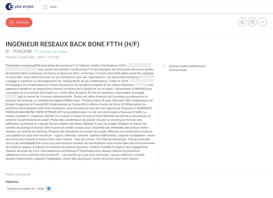 Capture d'écran d'une offres sur Pôle-Emploi