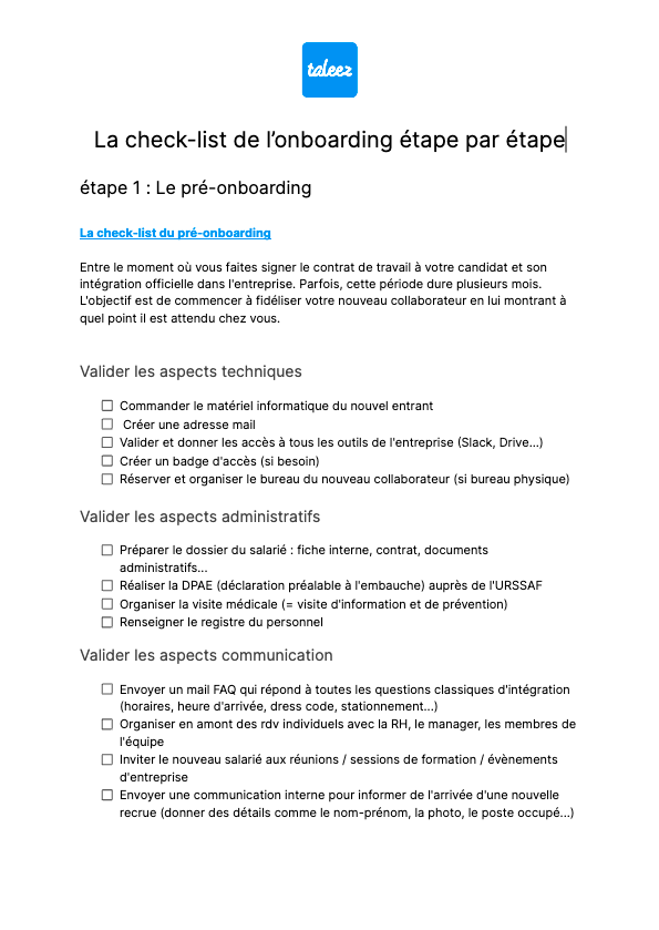La checklist RH de l'onboarding d'un nouveau collaborateur