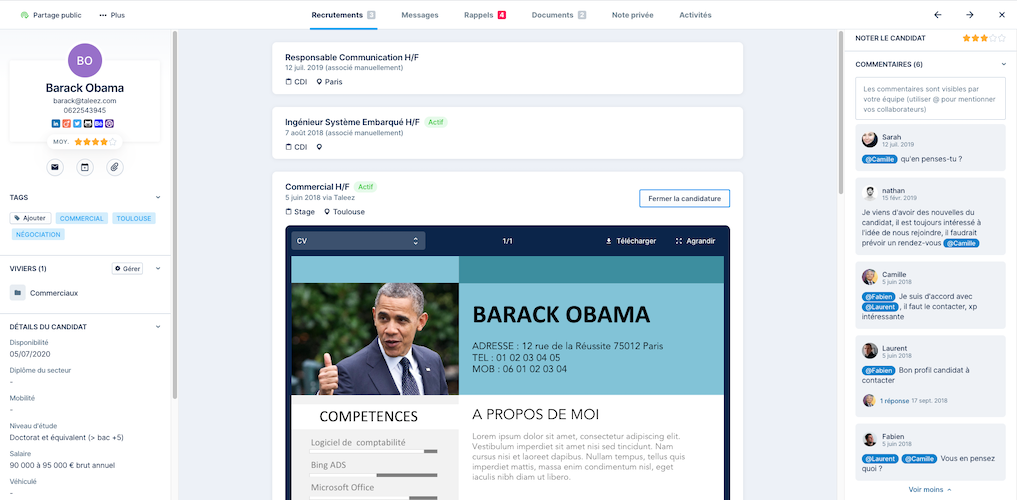 Fiche candidat Taleez