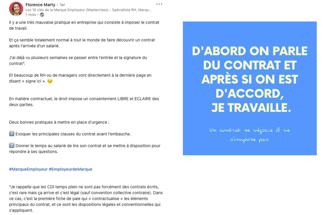 Post de Florence Marty sur le contrat de travail