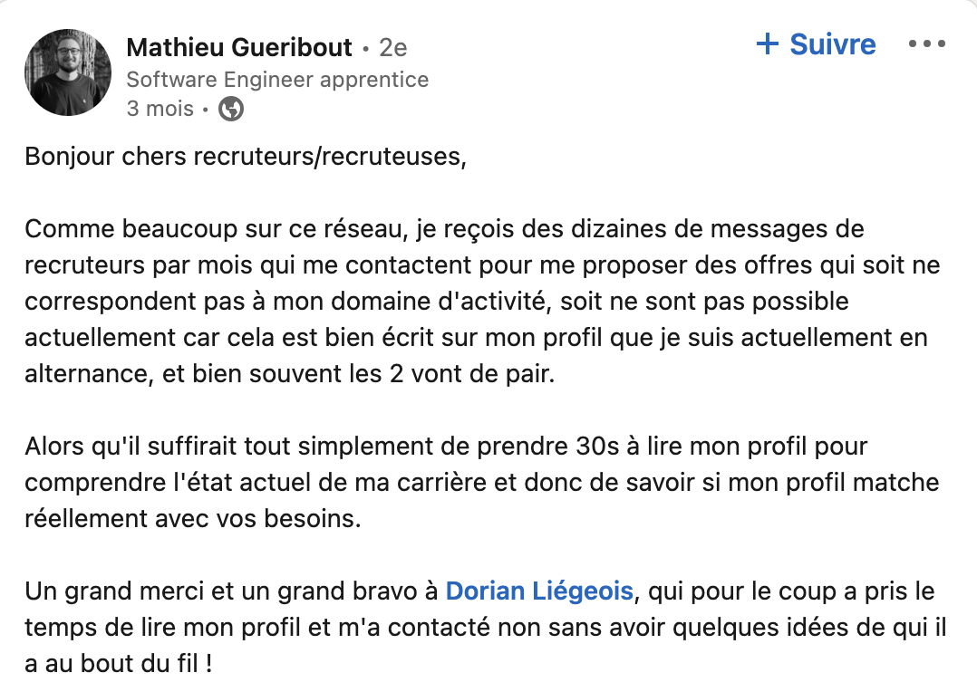 Post d'un candidat sur sa sursollicitation par les recruteurs