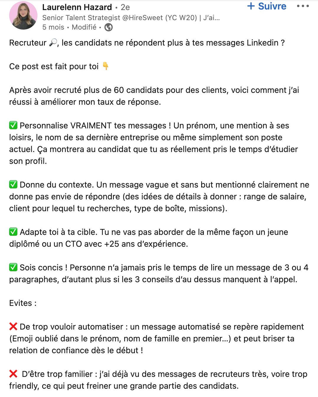 post de Laurelenn Hazard avec des conseils sur les messages d'approche sur LinkedIn