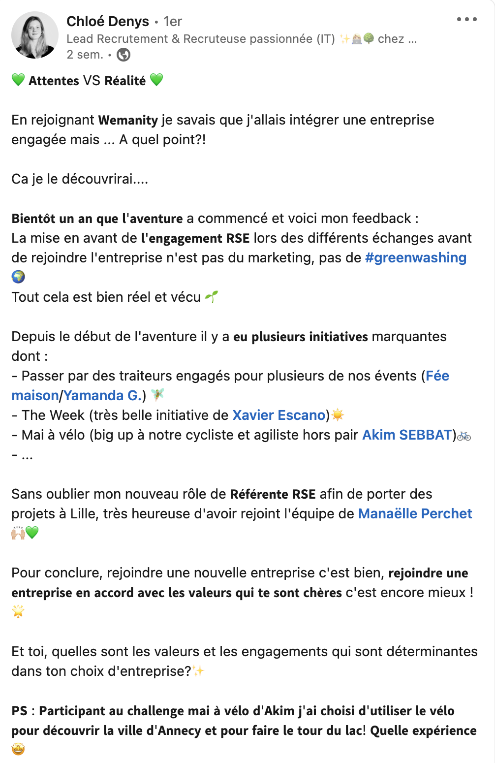 post linkedIn de Chloé Denys