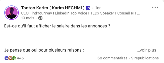 post de Karim Hechmi sur les salaires dans les annonces