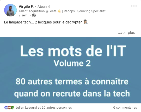 Post de Virgile F sur le vocabulaire de l'IT pour les recruteurs dans la Tech