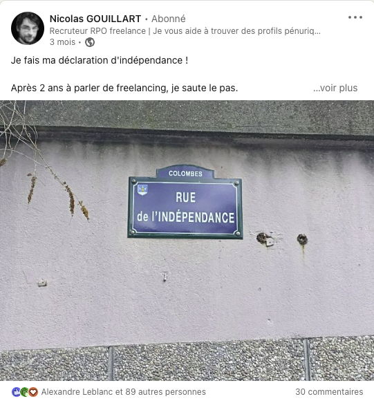 Post de Nicolas Gouillart sur son nouveau départ en tant que recruteur indépendant