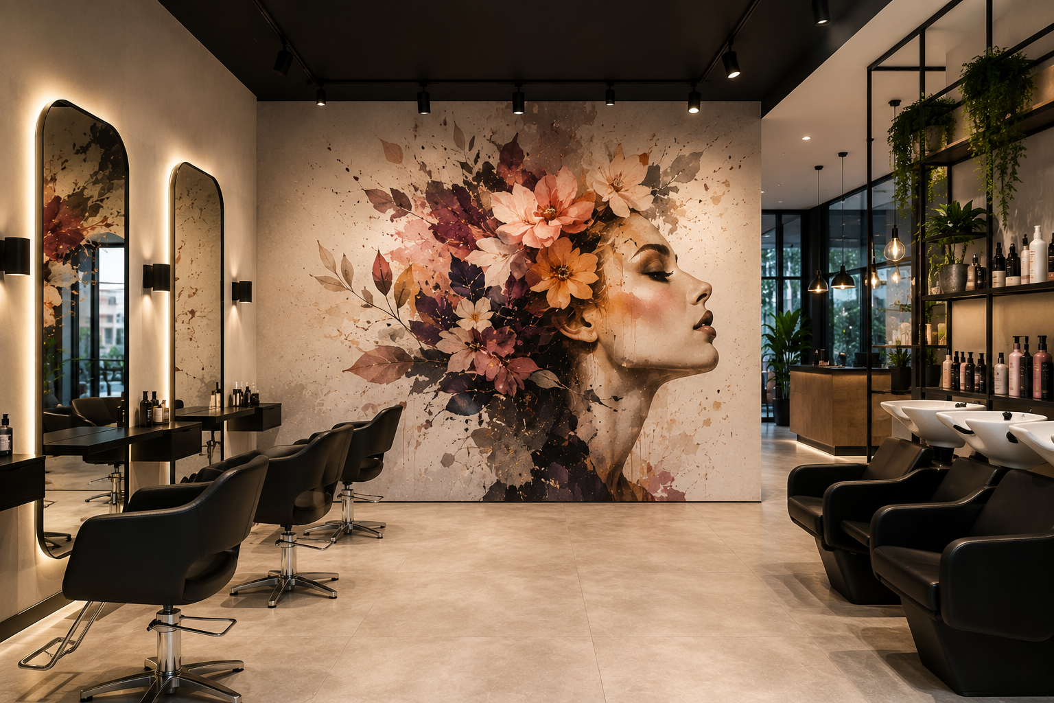 vrouw met bloemen in plats van haar 