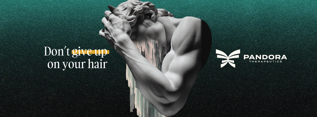 A banner image featuring a melting statue of a man with the Pandora logo and "Don't give up on your hair."