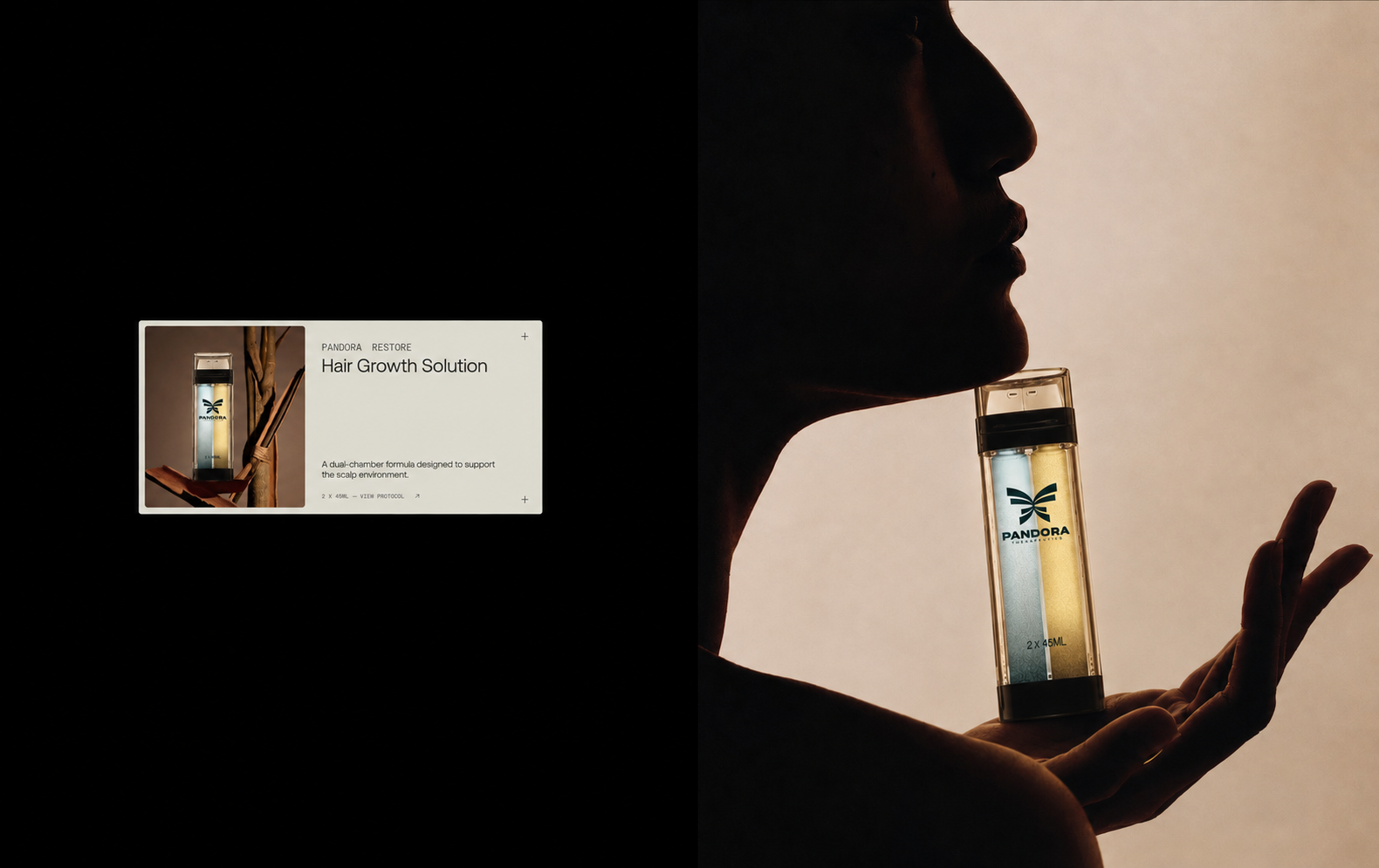 A mockup of a UI element from the Pandora website against a silhouette of a man holding a Pandora bottle