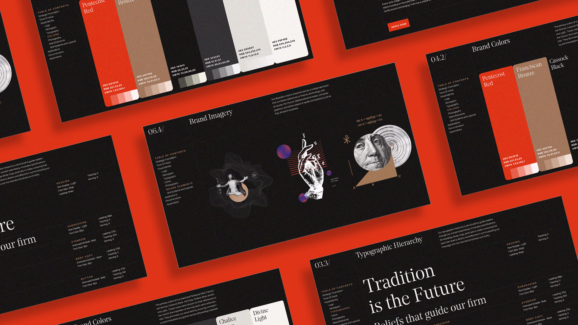 An array of Altar Ventures brand guide pages against a bright red orange background